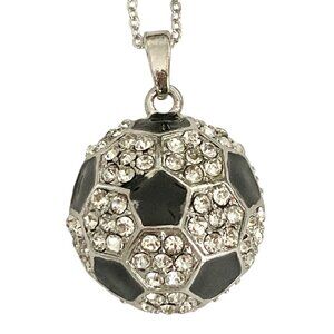 Soccer Ball Black Enamel Clear Crystal Silver Chain Necklace Jewelry Futball 19"